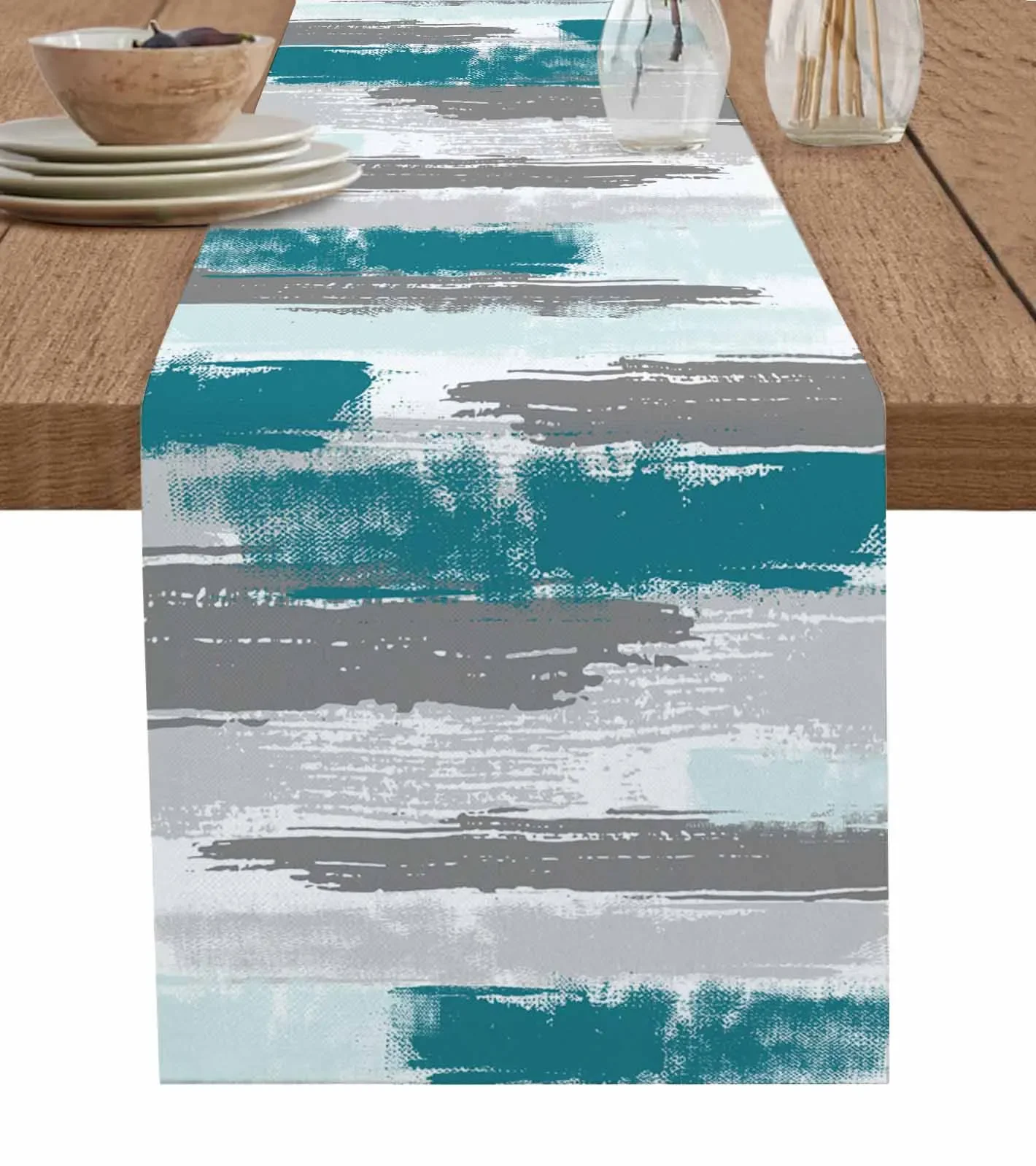 Geometric Line Oil Painting Style Blue Gray Linen Table Runners Kitchen Table Decoration Dining Table Wedding Party Supplies