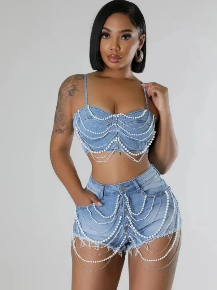 

CPSYM Женский комплект Джинсовый топ без бретелек с жемчугом и бисером + шорты Уличный повседневный комплект из двух предметов Сексуальный праздничный наряд Лето