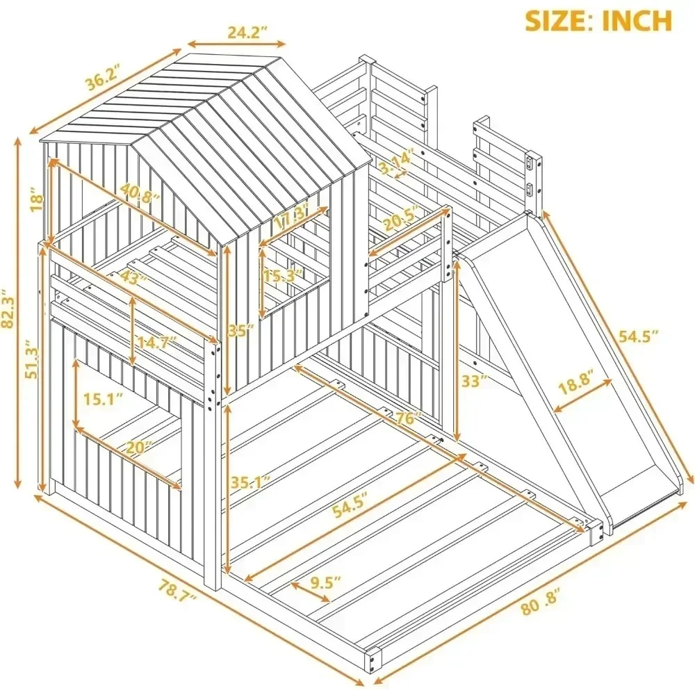 Bunk Beds with Slide, Wood with Roof and Guard Rail for Kids, Toddlers, No Box Spring Needed, Beds Bedroom Furniture