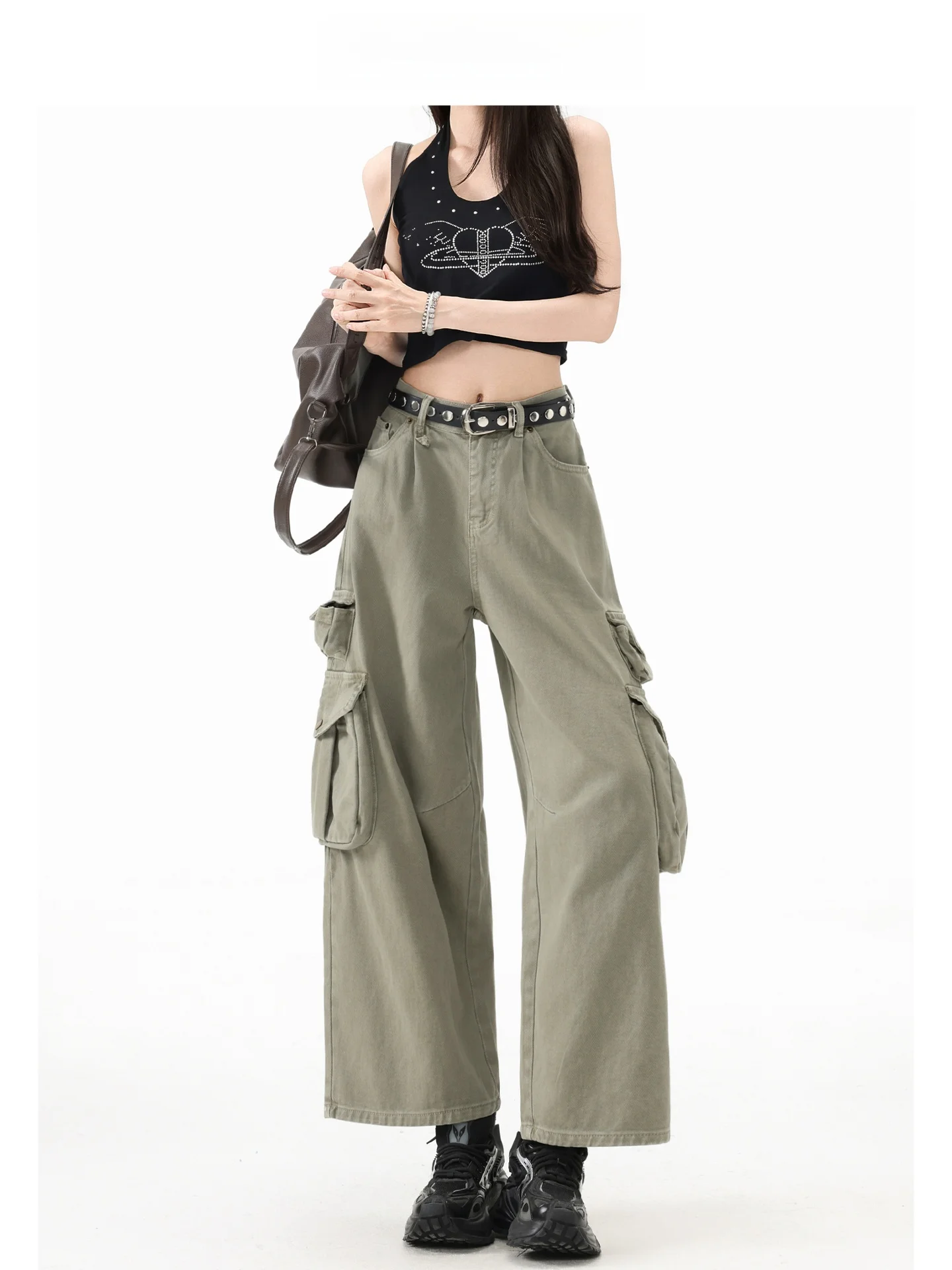 Pantalones vaqueros de trabajo de cintura alta en verde militar, estilo americano, holgados y de pierna ancha para mujer, diseño Forever 21 Sensation H