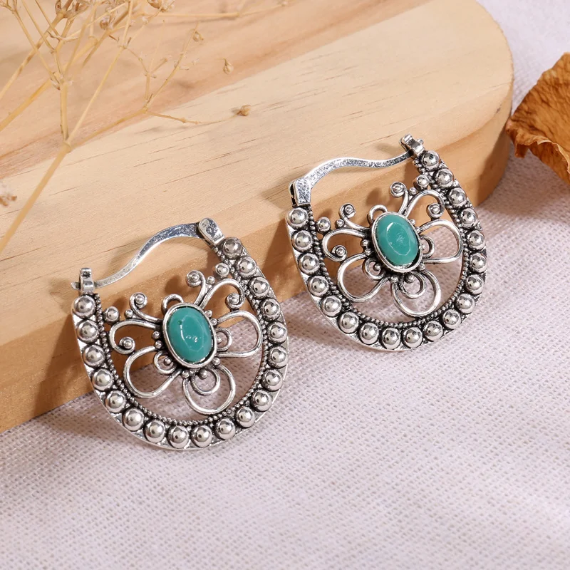 Vintage Leverback Earrings Hollow Butterfly Shape Inlaid Oval Cut Synthetic Gems Boho Style Hook Drop Earrings