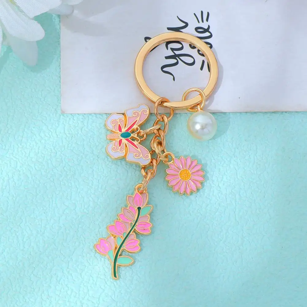 Strong Chain Keyring Keychain Pendant with Imitation Pearls Flower Butterfly Enamel Charm Pastoral Style Layered Key Ring