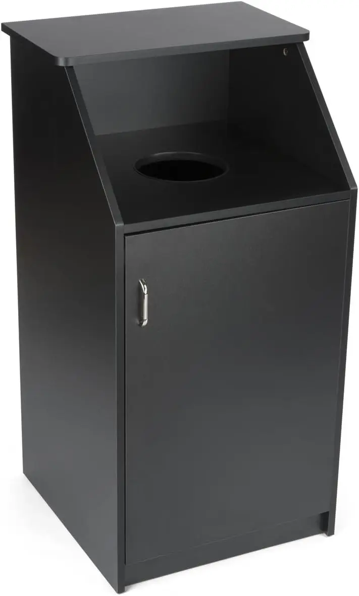 Commercial Trash Bin with Black Finish, MDF Construction, Melamine Finish, Circular Cutout - Hinged Door