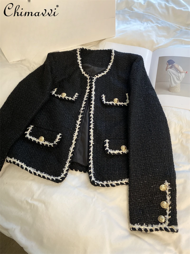 

High-end Tweed Short Coat Women's 2024 Autumn New Korean Fashion Long-sleeved Round Neck Short Elegant Commuter Jackets Top