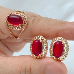 Kinel Shiny Red Natural Zircon Jewelry Set for Woman Fashion 585 Rose Gold Color Ring And Earrings Vintage Wedding Jewelry Sets
