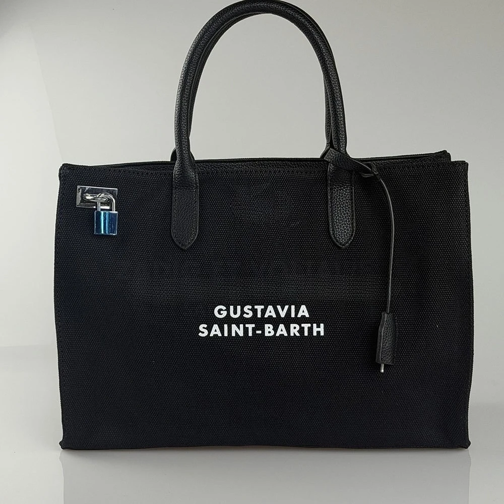 Black Canvas Tote Bag Large Capacity Letter Print Handbag With Lock Decor Business Commute Shoulder Bag For Women view 3