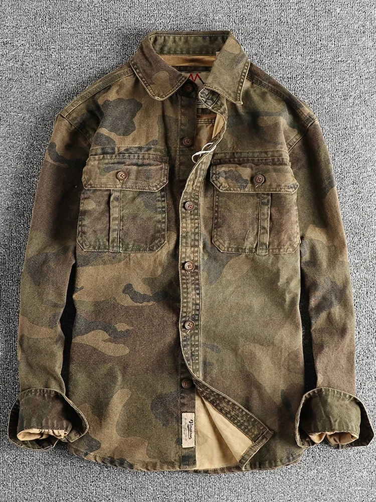 2025 New American Retro Camouflage Shirt Men's Spring Autumn Loose Casual Versatile Shirt Jacket Trendy Brand Cotton Long Sleeve
