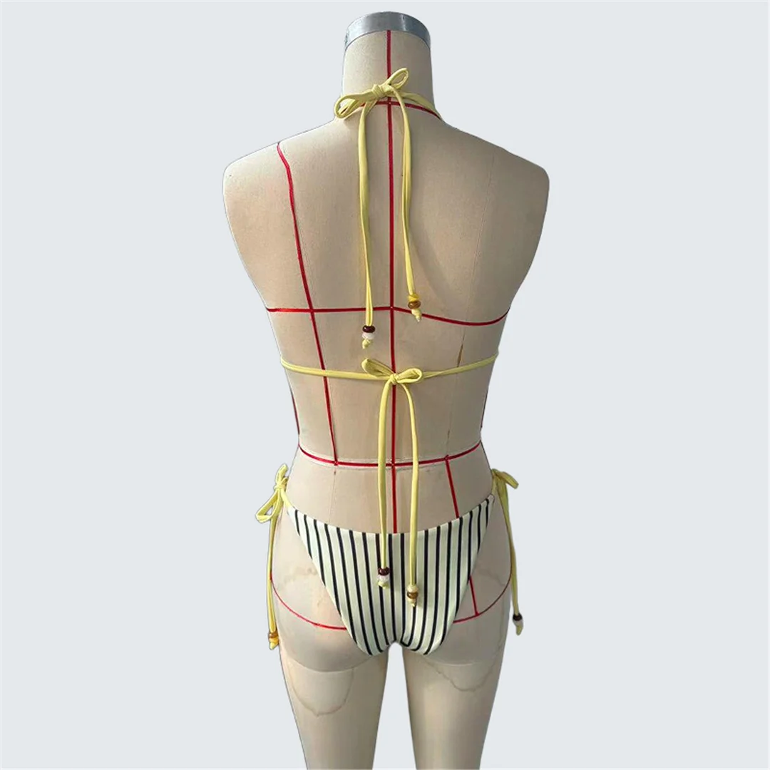 Sexy gestreifter Neckholder-Bikini, Damen-Badeanzug, zweiteiliges Bikini-Set, gepolsterter Badeanzug mit Trägern, Badebekleidung, Schwimmanzug V7773 – Detail 4