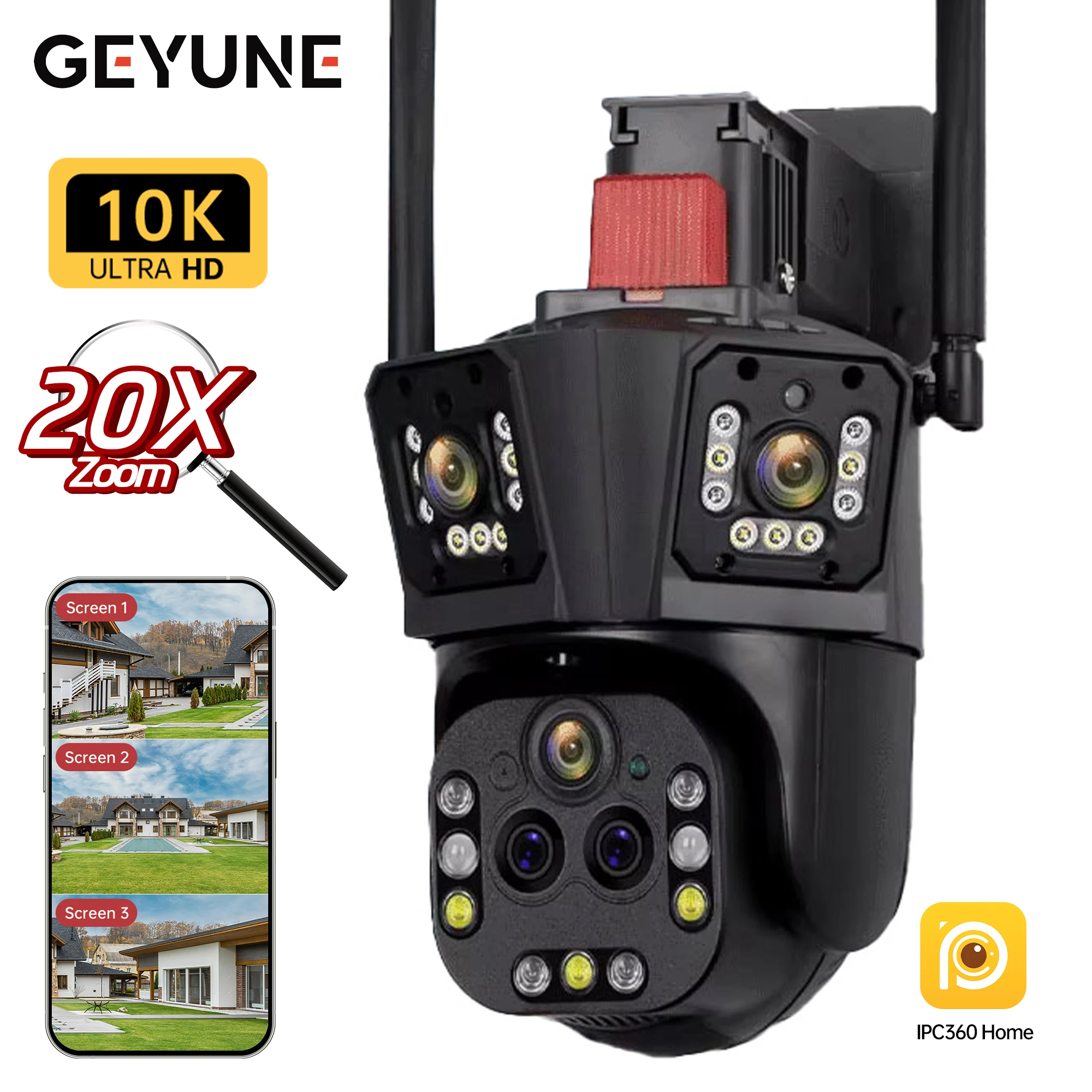 

10K 20MP WiFi IP Camera 5 Lens 3 Screens 20X Zoom Outdoor 360° Surveillance Security Cameras Smart Home Ai Tracking CCTV Cam