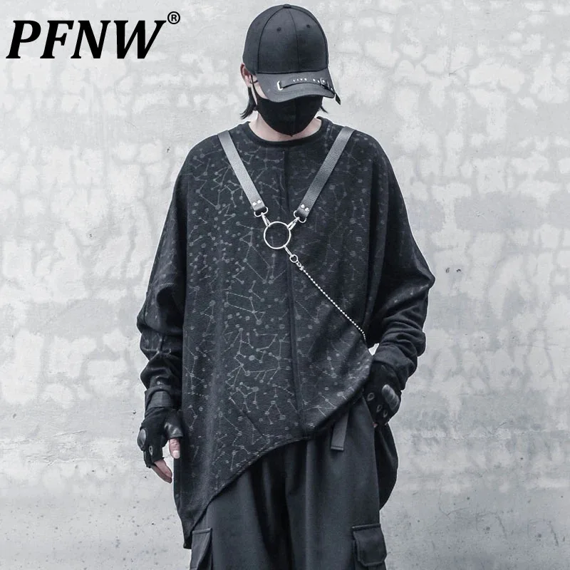 

PFNW New Men's Sweatshirts Irregular Hem Printing Batwing Sleeve Round Collar Male Pullover Tops Autumn Solid Color 12C538