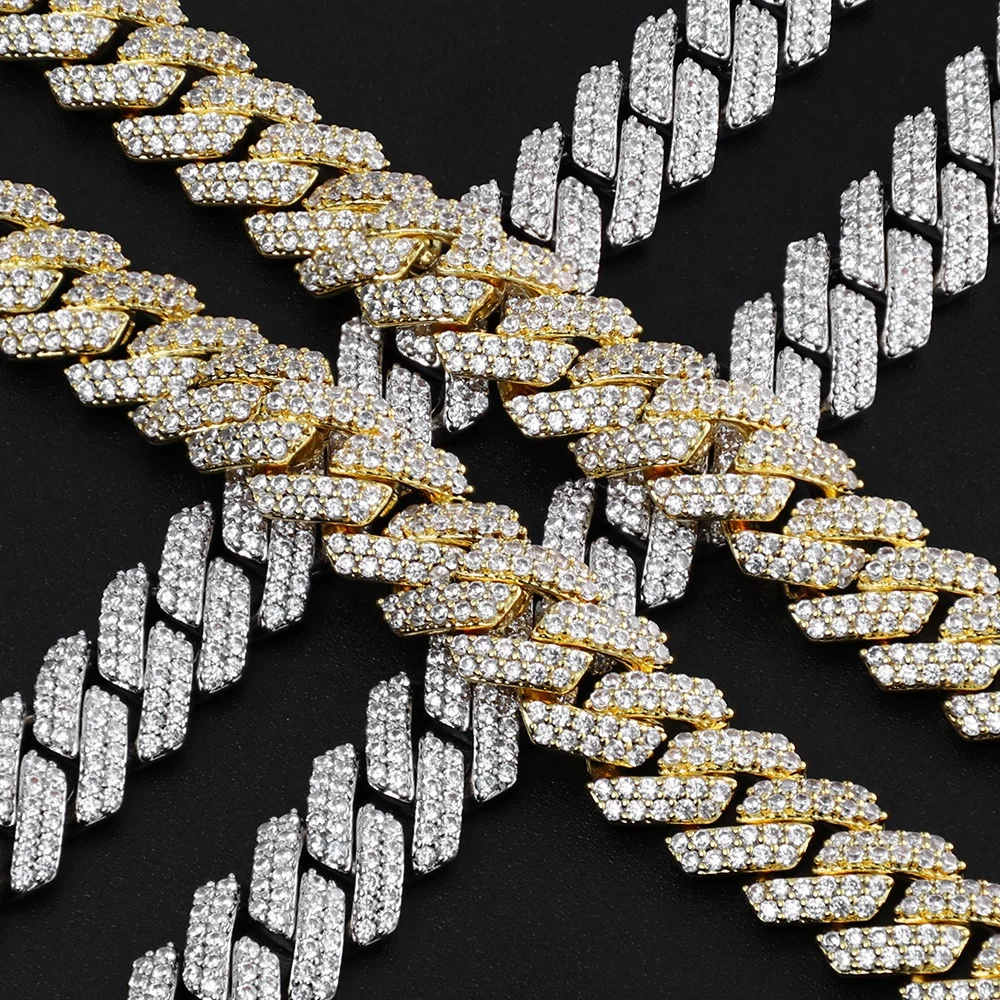 Hip Hop Necklace Bracelet Wholesale 12mm 2 Rows Iced Out Rhomboid Cuban Link Chain for Men