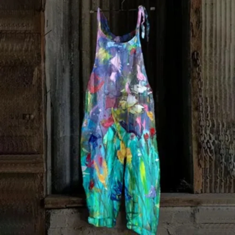 2025 Women's Summer comfortable and laid-back jumpsuit, 3D color diffused print fashionable and elegant jumpsuit