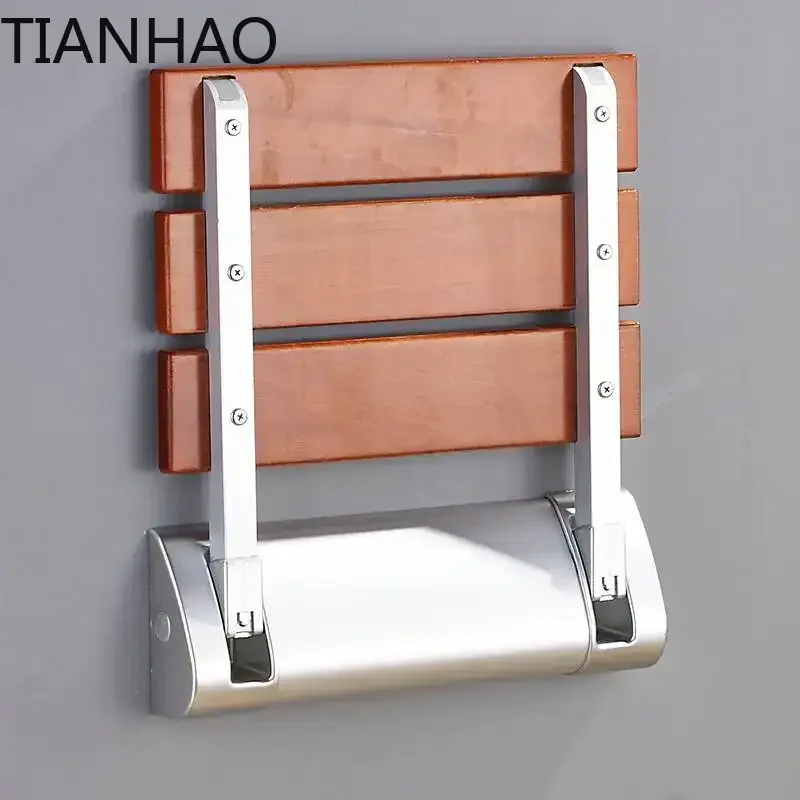 Solid wood bathroom folding seat shower wall stool barrier-free anti-slip bathroom handrail stainless steel chair WF601317