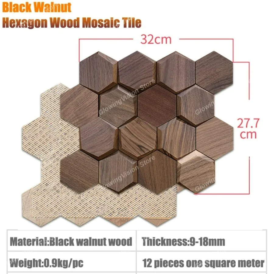 3d Wood Wall Mosaic Tile Black Walnut Modern Hexagon Wooden Panel Wall Stickers for Home Office Background Bedroom Decoration