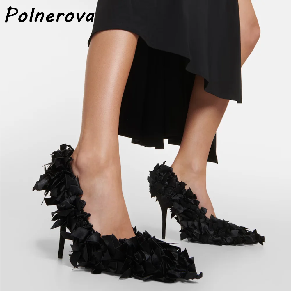 Black Riband Bows Pumps Satin Pleated Pointy Toe Thin Heels Slip On Solid Shoes Summer Fashion Sexy Banquet Elegant Dress Shoes