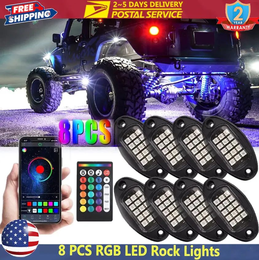 

8Pods RGB LED Rock Lights Car Chassis Light Atmosphere Lights Universal For Jeep Off-Road Truck SUV UTV ATV Car Wheel Lights