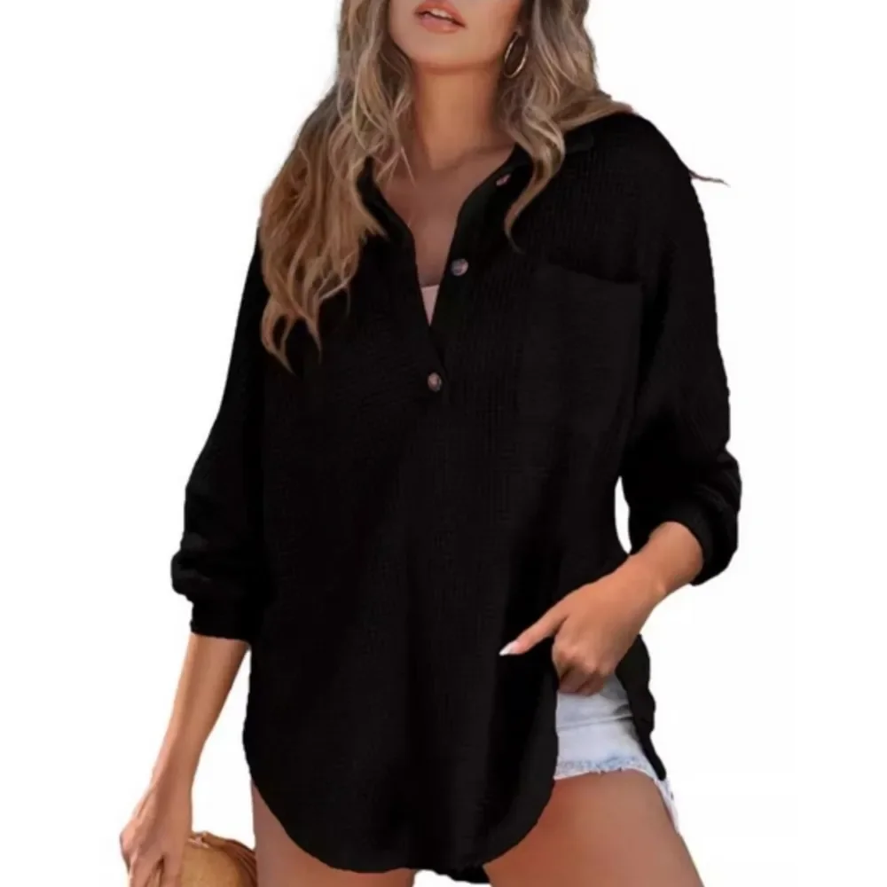 

New Solid Color Waffle Collar Long Sleeved Loose and Fashionable Knitted Top for Teenagers and Girls In Autumn and Winter
