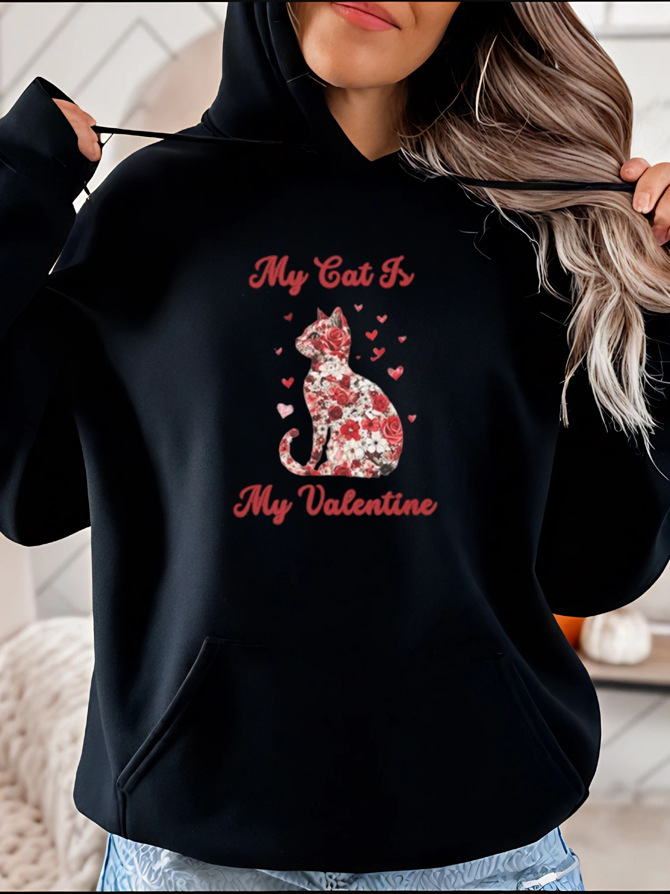 Niedlicher Katzen-Valentinstag-Kapuzenpullover mit Blumendruck, lässiges Damen-Sweatshirt für Haustierliebhaber 280