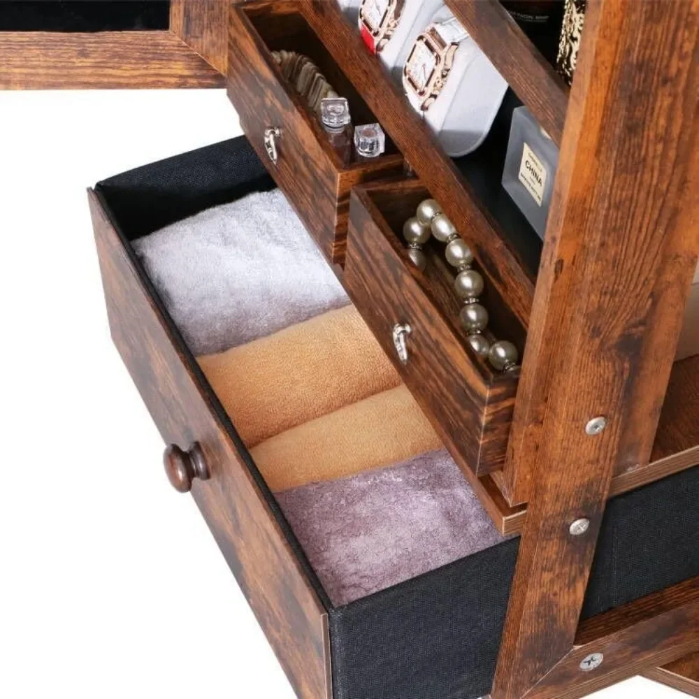 360 Swivel Full Length Mirror Jewelry Cabinet - Standing Armoire With Built-In Mirror & 3 Lockable Drawers (Rustic Brown)