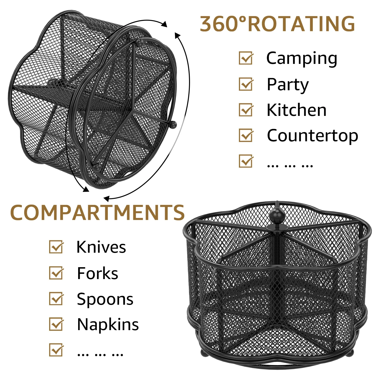 Kitchen Utensil Drying Holder with 360° Rotating Metal 5-Compartment Knife Spoon Fork Storage Racks Multi-Function Organizer