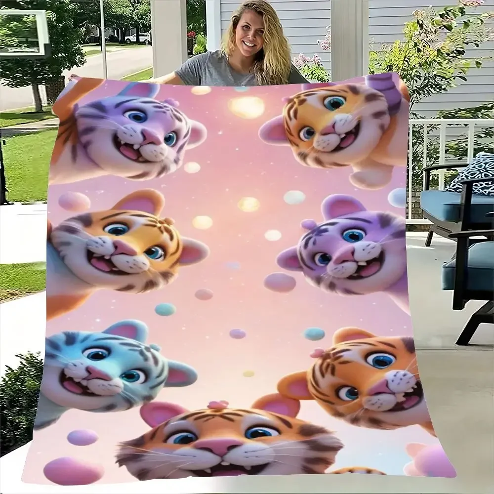 Cheerful Cartoon Tigers Pastel Blanket - Soft & Cozy Throw with Vibrant Playful Design of Six Cute Tigers - Ideal for Kids' Room