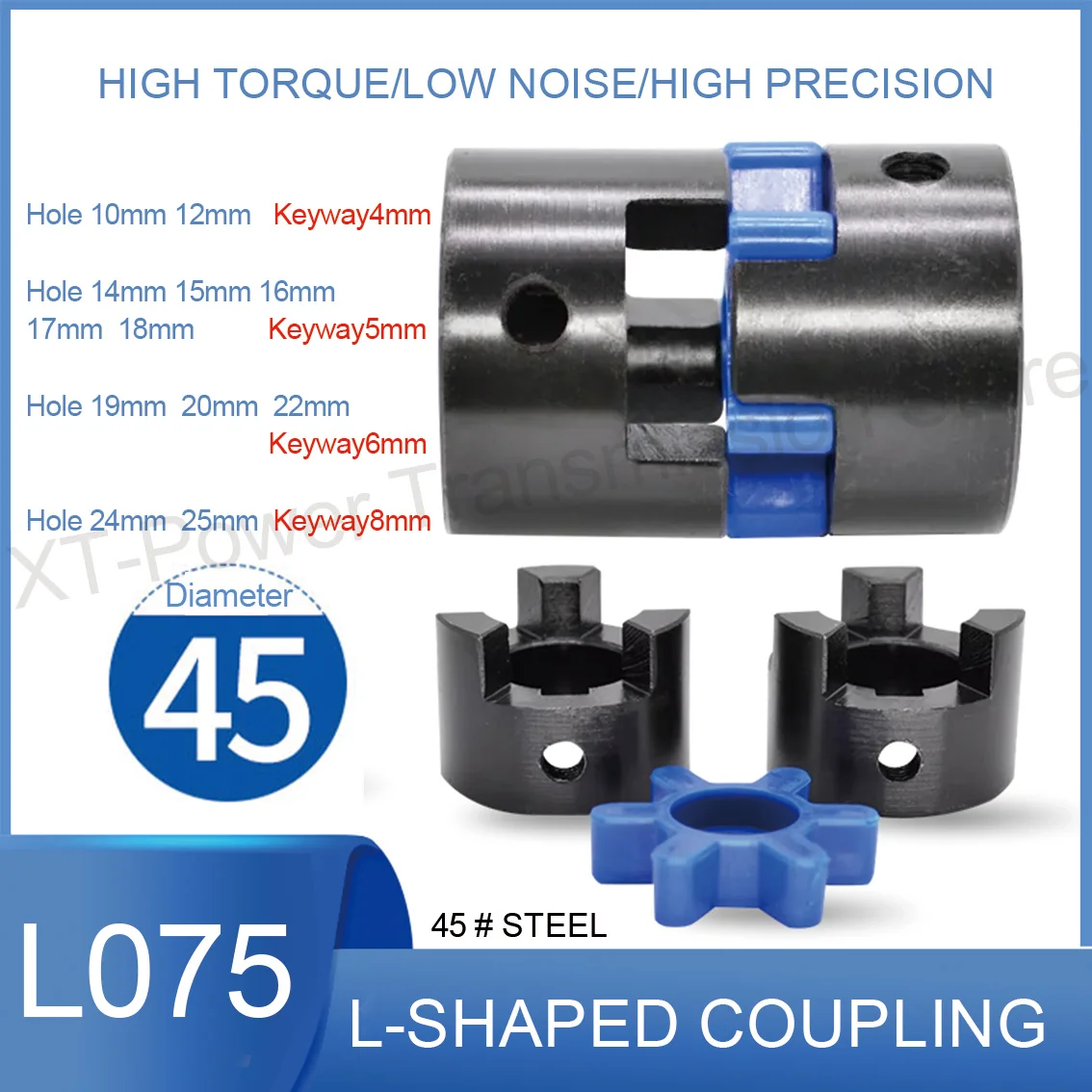 L075 OD 45mm Height 51mm Three Jaw Coupling Inner Hole 10-25mm Keyway 4-8mm Plum-Coulper Servo Motor/Star Coupling High Torque