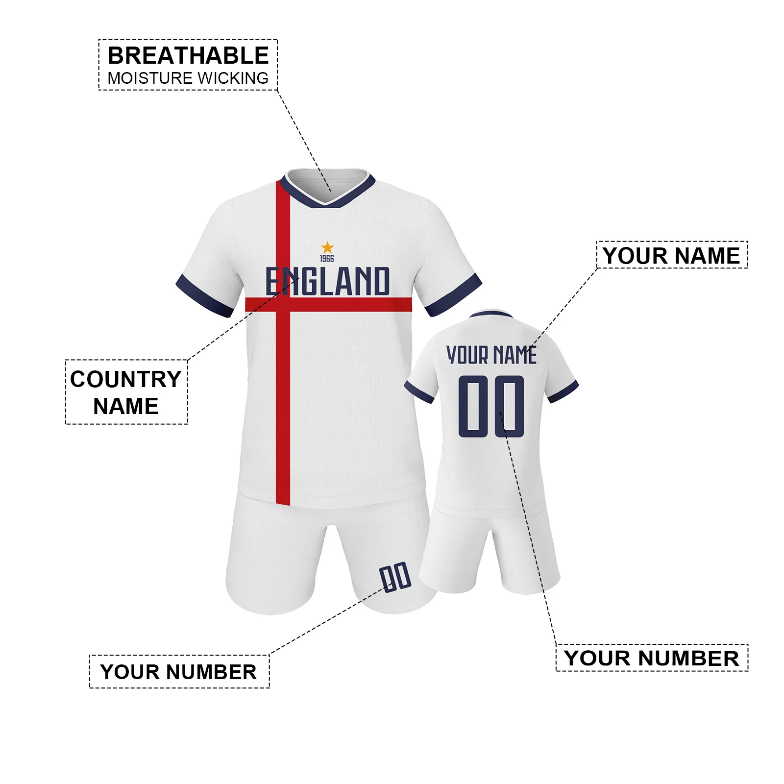 Custom England Soccer Jersey Kids Football Uniform Set Personalized Name Number Youth Team Training Kit for Boys and Girls