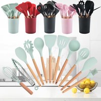 12pcs/set, Silicone Cooking Utensils Set With Wooden Handle, Colorful Non-stick Pot Special Cooking Tools Set, Heat Resistant