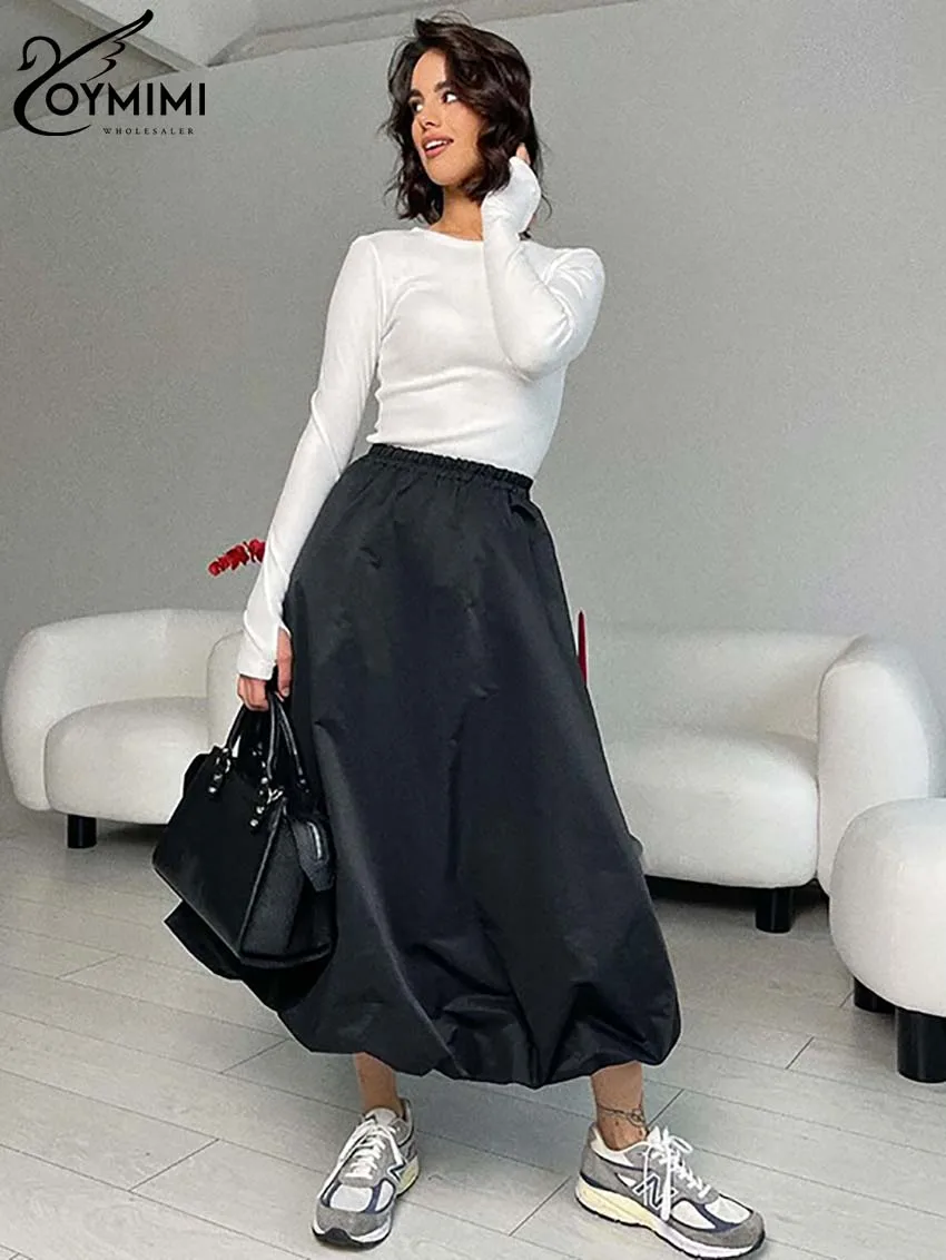 

Oymimi Fashion Black Loose Women's Skirt Casual New High Waisted Mid-Calf Skirts Streetwear Elegant Solid Simple Skirts Female