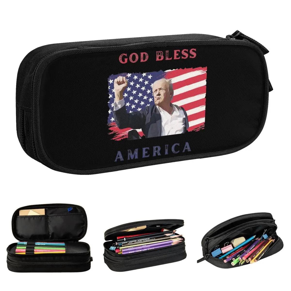 Large-capacity Pencil Pouch Tribute To Trump Shot School Supplies God Bless America Double Layer Pencil Bag Girl Makeup Bags