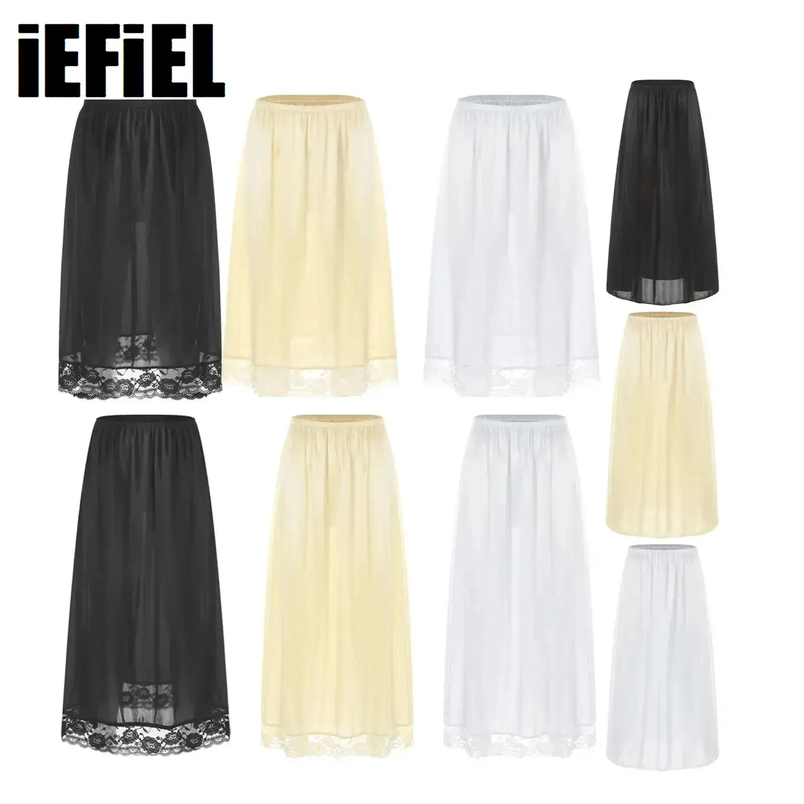 

Women Inner Slips Skirt Lace Hem Skirt Stylish Clothing Elastic Waistband Solid Color Thin Satin Slips Skirt