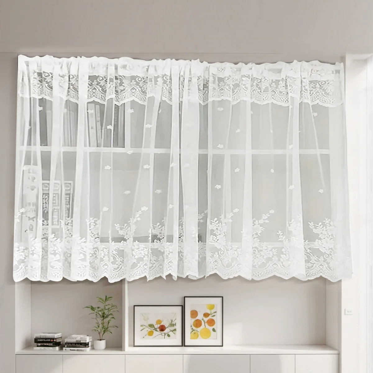 Window Valance Double Row White Lace Sheer Short Curtains Floral Embroidery Rod Pocket Window Valances W200xL100 Cm French Style