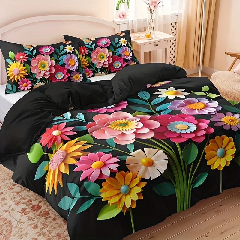 Rustic Floral Print Quilt Cover Set High-Definition Printing for Home and Dorm Use All Seasons
