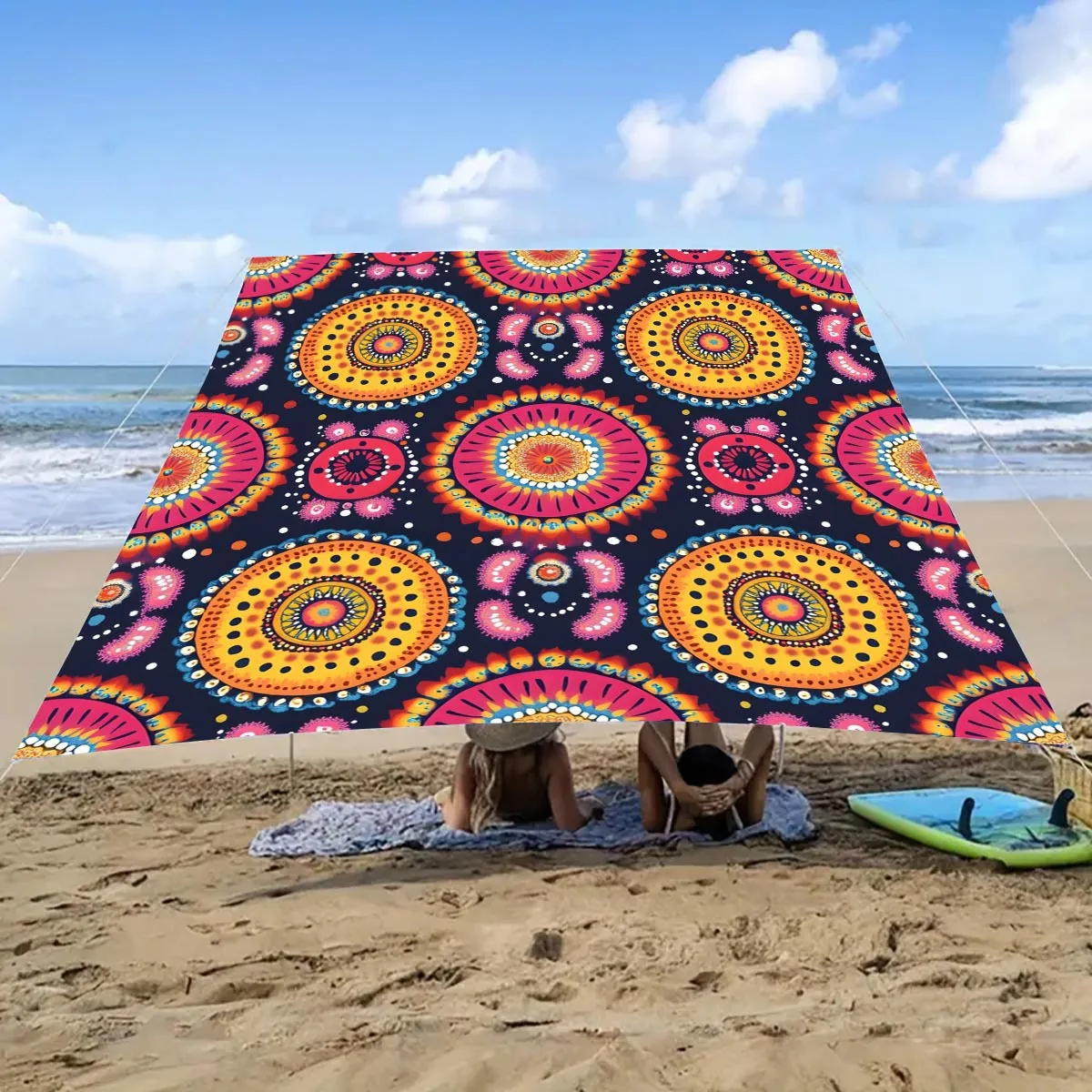 Vintage Bohemian Mandala Print Camping Tent, Large Sun Shelter Waterproof Tarp Boho Decor Beach Canopy for Picnic Backyard Party