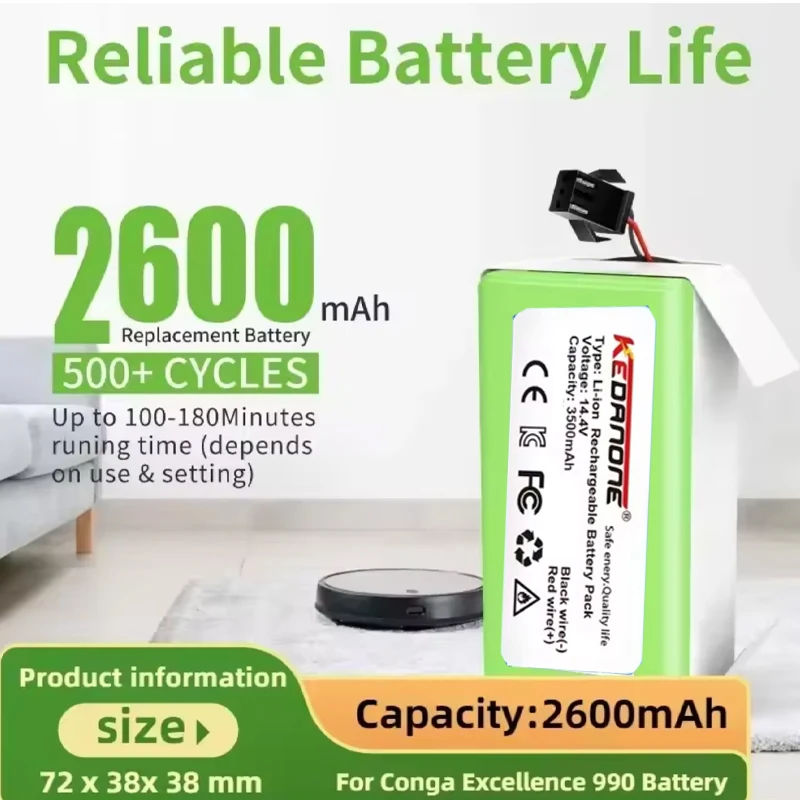 

14.4V 2600mAh Li-ion Battery for for Conga 990 1090 Tesvor X500 Ecovacs Deebot N79 N79S DN622 Eufy RoboVac 11 11S RoboVac 30