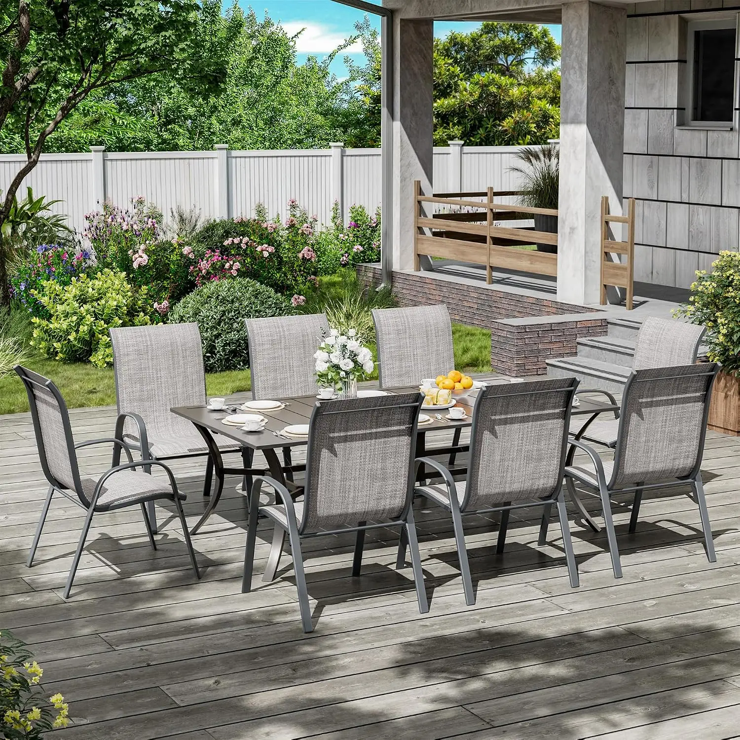 Patio Chairs Set of 8, Outdoor Stackable Dining Chairs for All Weather, Dark Grey, Breathable Garden Outdoor Furniture for Backy
