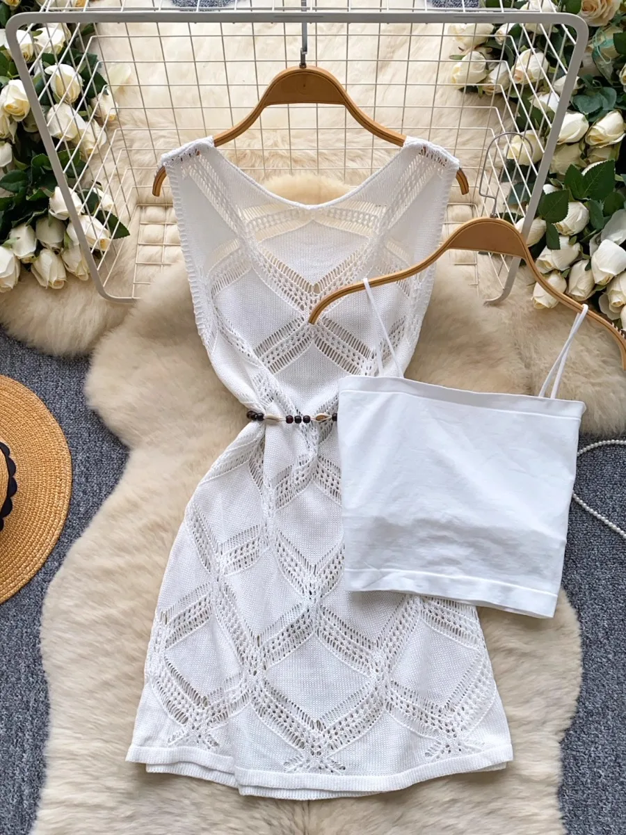 Foamlina coreano em camadas halter topo oco crochê vestido de malha conjunto de duas peças para as mulheres verão novo vestido de escritório vintage conjunto ol