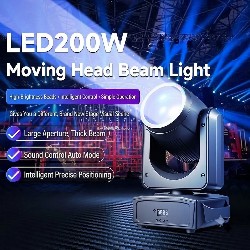 Mini 200W Beam Moving Head Light RGB Pattern Beam Light DMX512 Sound Activated Stage Light for Party Concert Bar KTV Disco Club