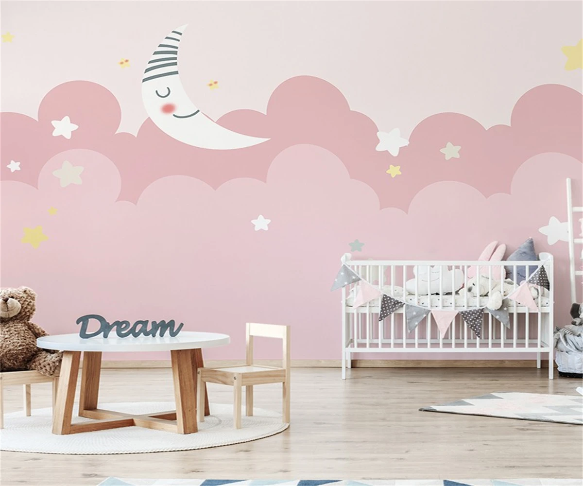 Custom wallpaper Cartoon star moon wallpaper Children's room background wall paper Pink girls' bedroom decoration 3D wallpaper