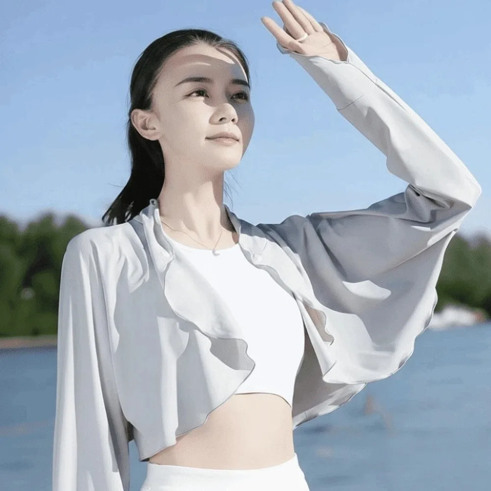 

Fashion Solid Color Summer Sunscreen Shawl Sunshade Cloak Long Sleeve Ice Silk Cape Crop Top Thin Sun Protection Clothing Sports