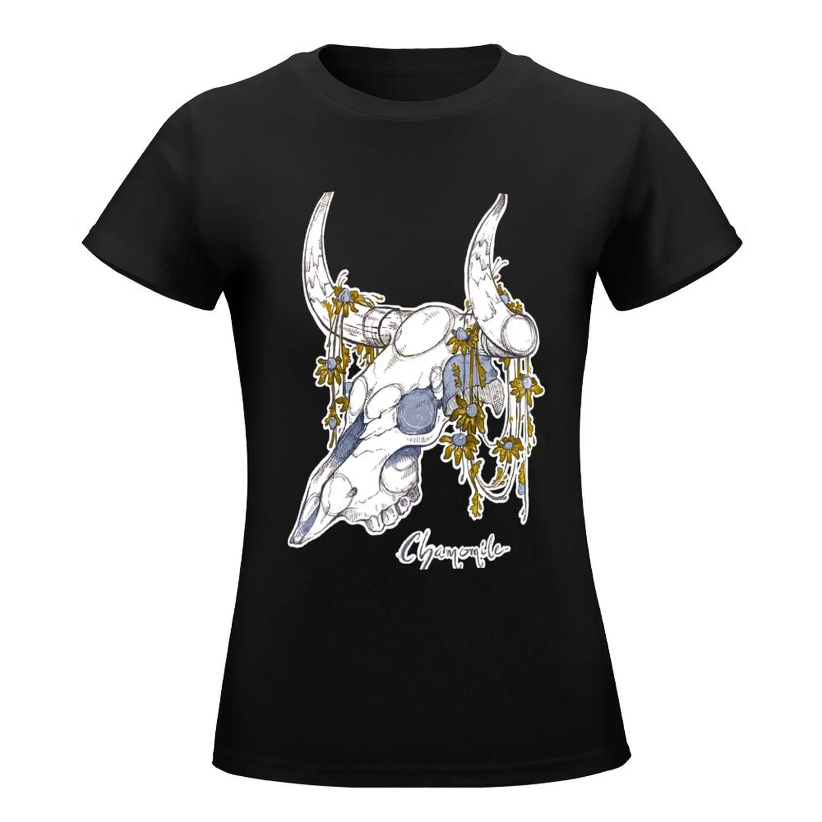 MorbidiTea - Chamomile with Bison Skull T-Shirt oversized vintage clothes T-shirts for Women