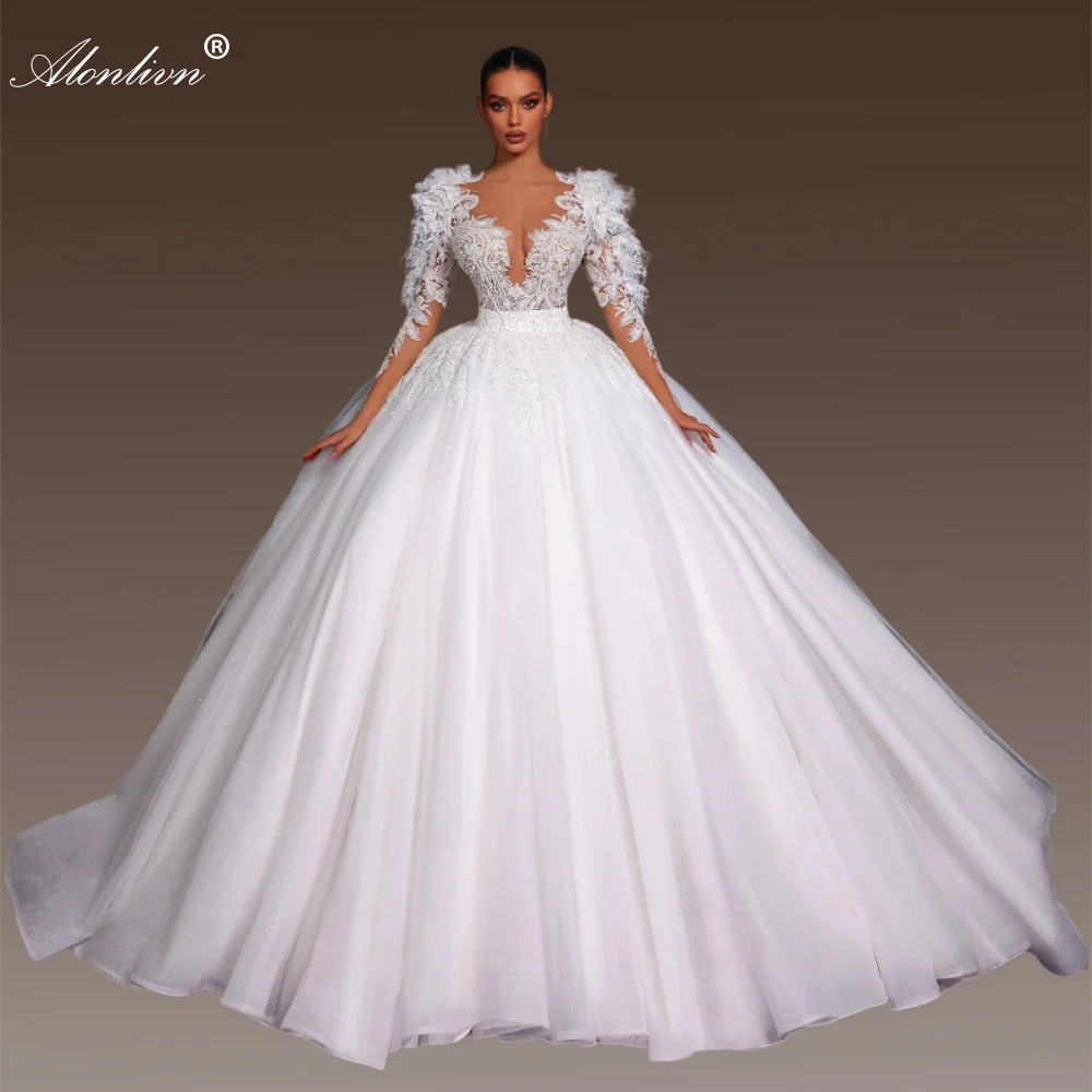 Alonlivn Exquisite Lace Ball Gown Wedding Dresses Beaded Feathers Appliques Illusion Neck Princess Wedding Gowns