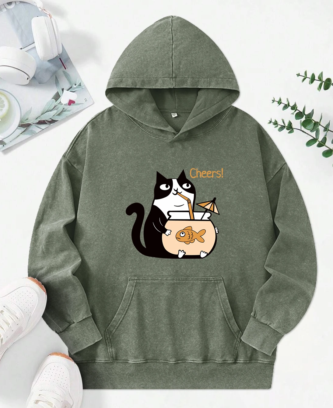 

Cats Drinking Fish Soup Print Women Washed Hoody Fashion Cotton Hoodies Autumn Oversized Streetwear Multicolor Female Hoodie