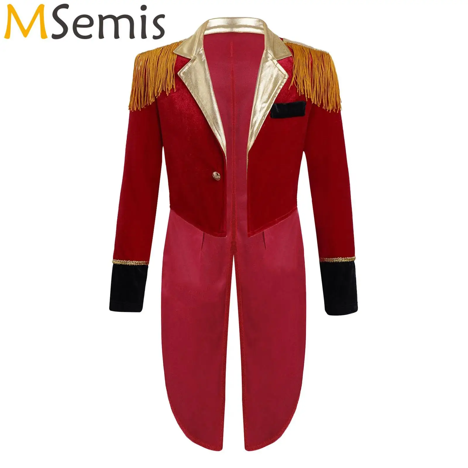 Red Kids Boys Circus Ringmaster Director Cosplay Costume Long Sleeves Tassels Adorned Dip Hem Coat Carnival Tailcoat Jacket