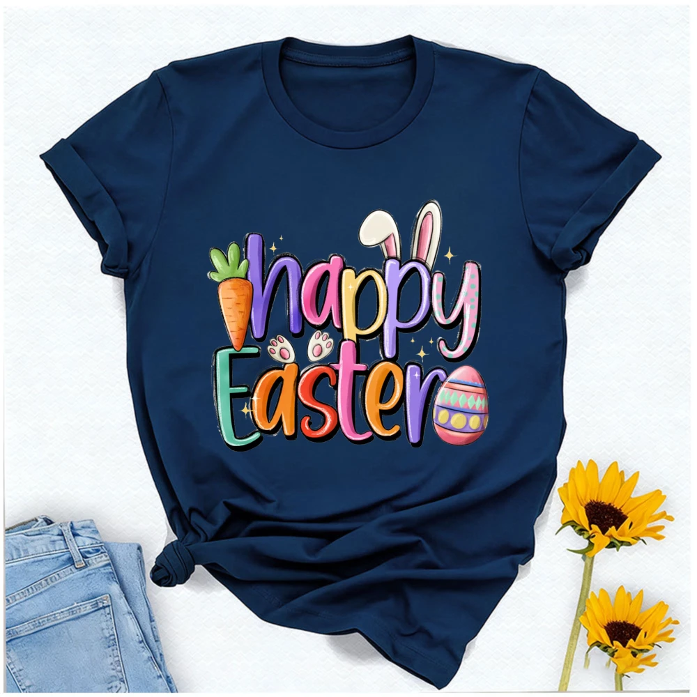 Happy Easter Cartoon Typographic T-Shirt Bunny Ears & Carrot with Paw & Egg Graphic Breathable Casual Festive Looks Streetwear