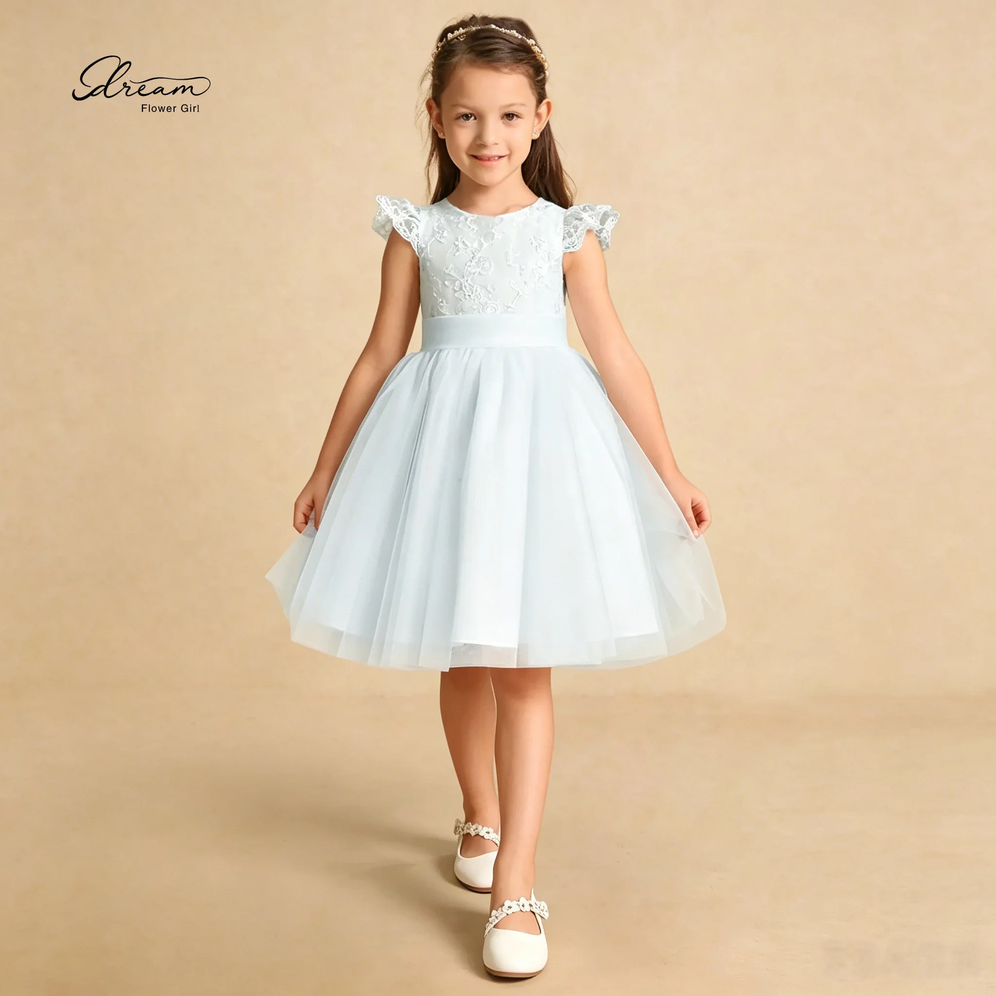 

Blue Floral Sleeve Cute round Neck Knee-Length Formal Dress Exquisite Embroidery Design for Flower Girls