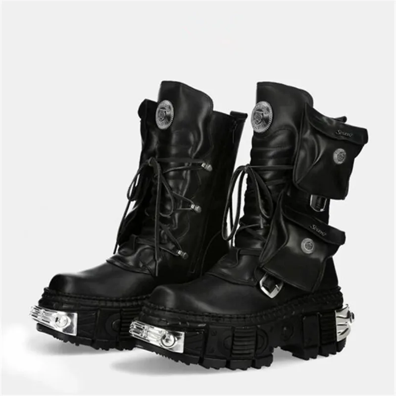 Autumn Winter Fashion Quality Comfortable Punk Gothic Knee Length Boots With Metal Decoration Riveted High Heels Motorcycle Boot