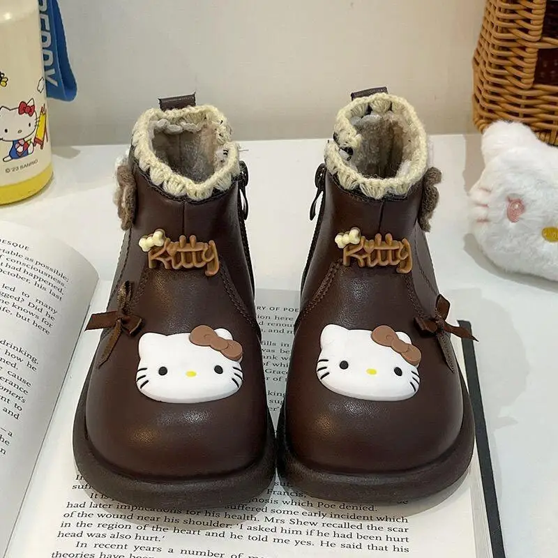سانريو مرحبا كيتي الفتيات أحذية قصيرة أحذية الأميرة البيج القوس اللؤلؤ القطن أحذية الخريف الشتاء الأحذية الجلدية الناعمة للأطفال
