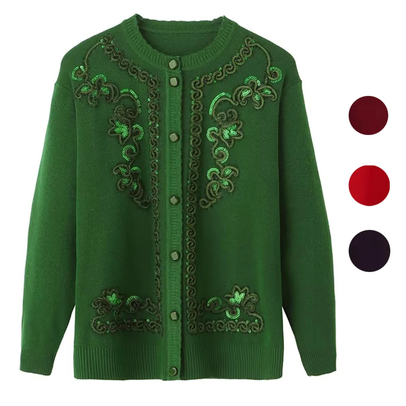 Fdfklak Grandma Sweater Coat Women's Knitted Cardigan Middle-Aged Elderly Mother's Clothes Spring Autumn Long Sleeve Top 4XL