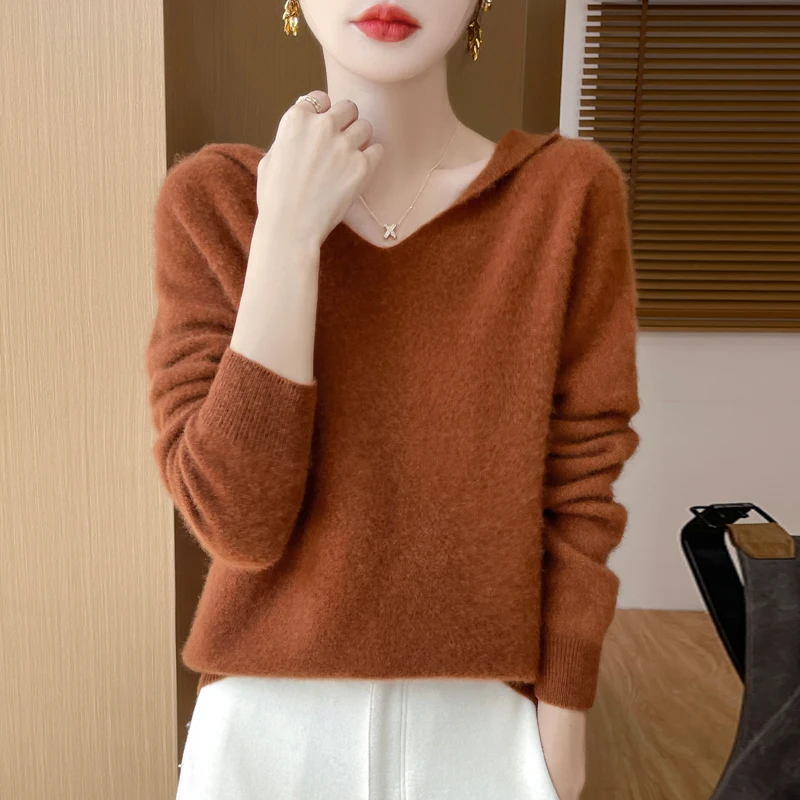 Autumn Winter Women Pullover Hoodies 100% Merino Wool Sweater V-neck Casual Loose Cashmere Knitwear Korean Fashion Female Jumper